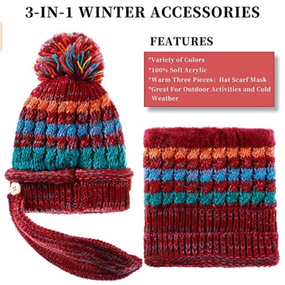 Women Winter Pompom Beanie Hat with Warm Fleece Lined Gaiter Scarf & Face Mask - Picture 4 of 6